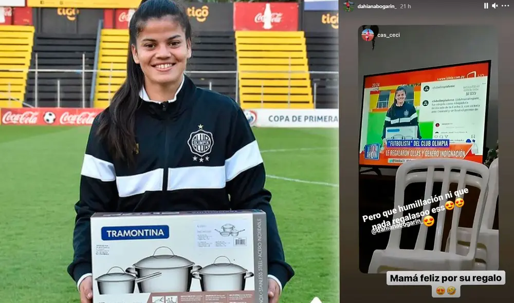 Ante Guaraní, Dahiana Bogarín fue la jugadora destacada y recibió como regalo un juego de ollas. Foto: captura de Instagram Ante Guaraní, Dahiana Bogarín fue la jugadora destacada y recibió como regalo un juego de ollas. Foto: captura de Instagram