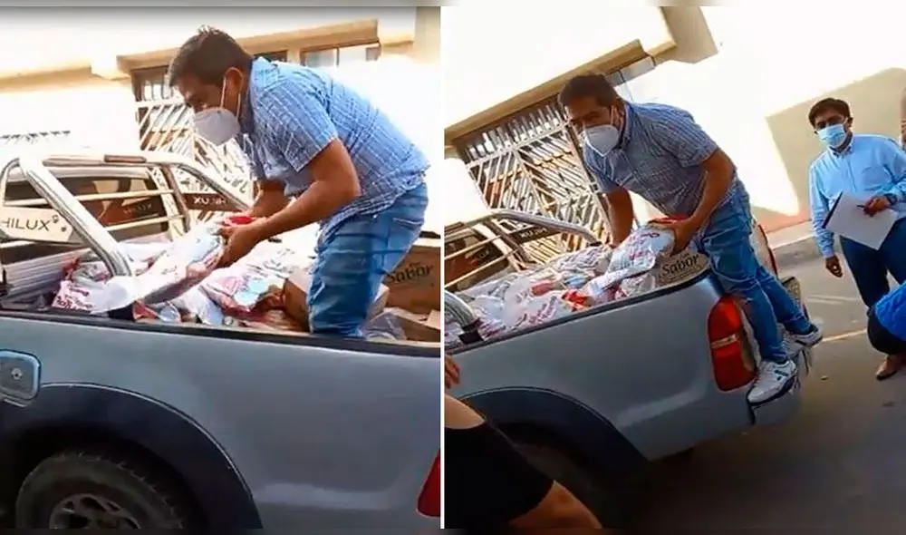 Regidor Junior Vásquez fue captado repartiendo alimentos de programa social. Foto: Composición La República