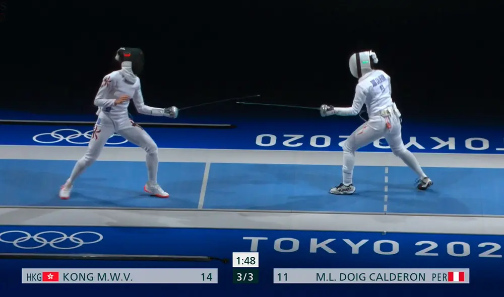 Maria Luis Doig debutó en Tokio 2020 ante la esgrimista china Man Wai Vivian Kong. Foto: captura Claro Sports