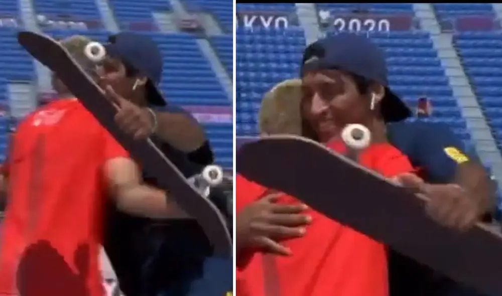 Ángelo Caro y  se dan un emotivo abrazo en las finales de skate. Foto: captura ATV