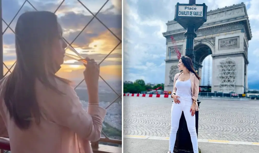“No saben cómo me siento, esto es demasiado", dijo Rosángela Espinoza al subir a la Torre Eiffel. Foto: composición Instagram
