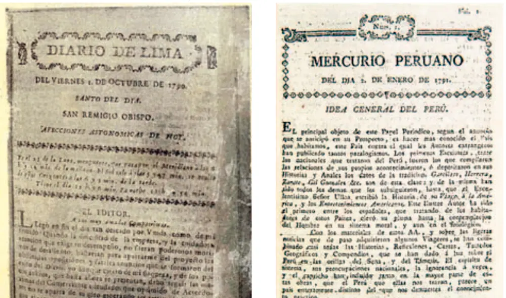 PIONEROS. El Diario de Lima de 1790, primer periódico peruano y sudamericano y el Mercurio Peruano (1791). Foto: Suplemento LR Bicentenario PIONEROS. El Diario de Lima de 1790, primer periódico peruano y sudamericano y el Mercurio Peruano (1791). Foto: Suplemento LR Bicentenario