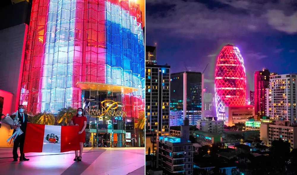 "Se ilumina con los colores del Perú la Torre Pearl de Bangkok, Tailandia, con motivo de nuestro Bicentenario Perú”, escribió la Cancillería peruana en Twitter. Foto: captura de Twitter/@CancilleriaPeru