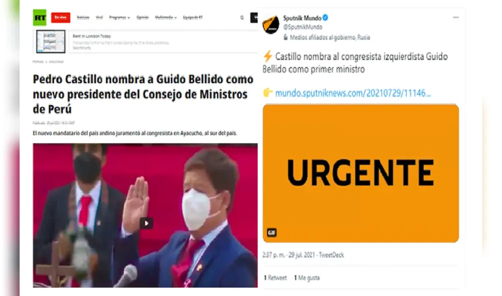 Medios internacionales informan sobre la designación de Guido Bellido como presidente del Consejo de Ministros de Perú. Foto: composición/RT/Twitter
