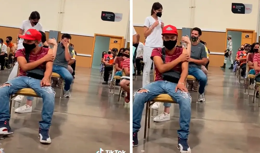 El joven sentía temor a la vacunación, pero fue animado con aplausos por los asistentes. Foto: captura de TikTok