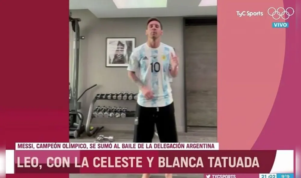 Lionel Messi baila cumbia junto a la delegación argentina de Tokio 2020. Foto: captura TyC Sports Lionel Messi baila cumbia junto a la delegación argentina de Tokio 2020. Foto: captura TyC Sports