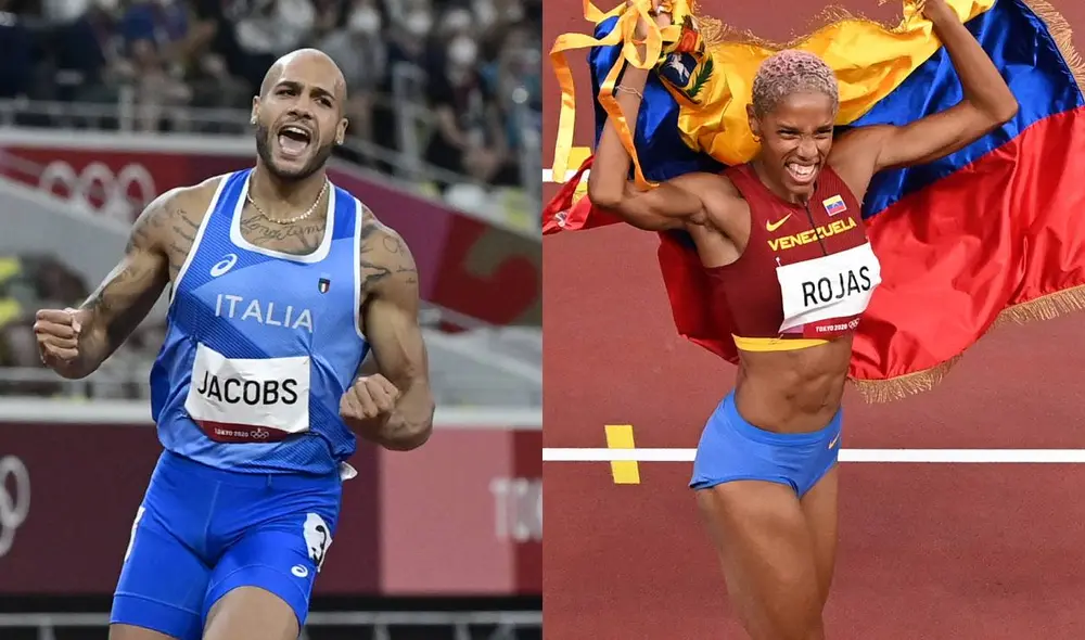 De derecha a izquierda Yulimar Rojas y Marcell Jacobs. Foto: composición AFP