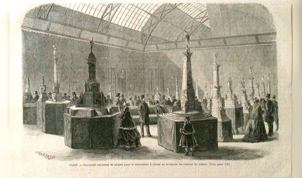 Dibujo sobre el concurso en París para elegir la maqueta del monumento en homenaje al combate del 2 de mayo.