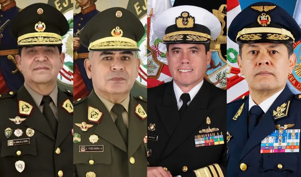 De izquierda a derecha: Gral. de División EP Manuel Gómez de la Torre (CCFFAA). Gral. de División EP José Vizcarra (CG del Ejército). Vicealmirante Alberto Alcalá (CG de la Marina). Tte. Gral. FAP Jorge Chaparro (CG de Fuerza Aérea). Foto: composición LR De izquierda a derecha: Gral. de División EP Manuel Gómez de la Torre (CCFFAA). Gral. de División EP José Vizcarra (CG del Ejército). Vicealmirante Alberto Alcalá (CG de la Marina). Tte. Gral. FAP Jorge Chaparro (CG de Fuerza Aérea). Foto: composición LR