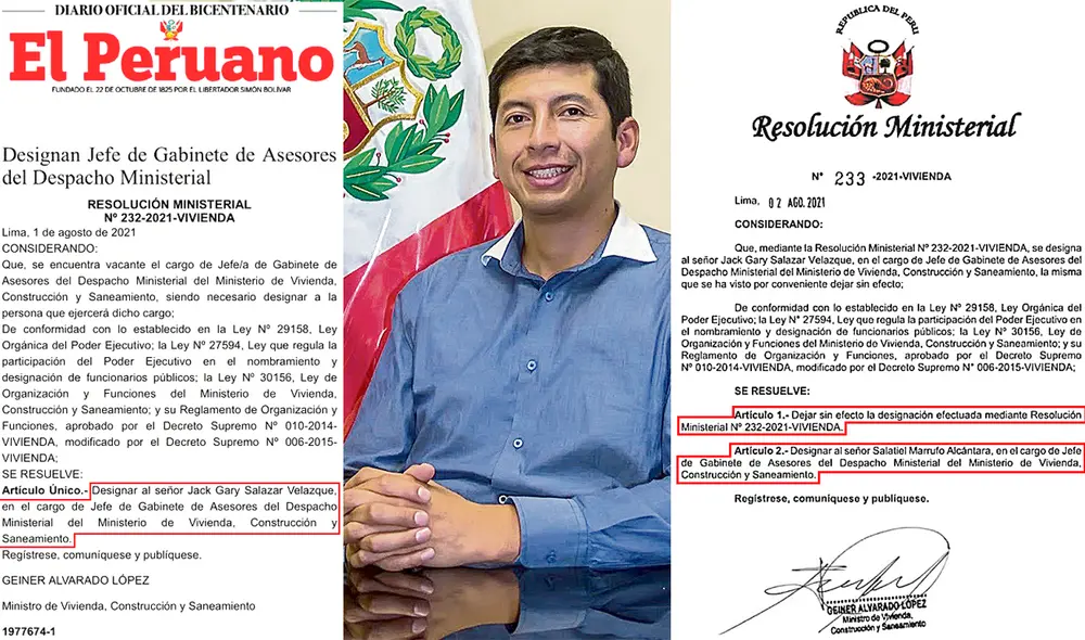 Muy breve. En la Resolución de la cartera de Vivienda 232-2021 se nombra a Jack Gary Salazar Velazque como jefe del gabinete de asesores. En 24 horas se dejó sin efecto su nombramiento en la siguiente resolución. Foto: composición LR