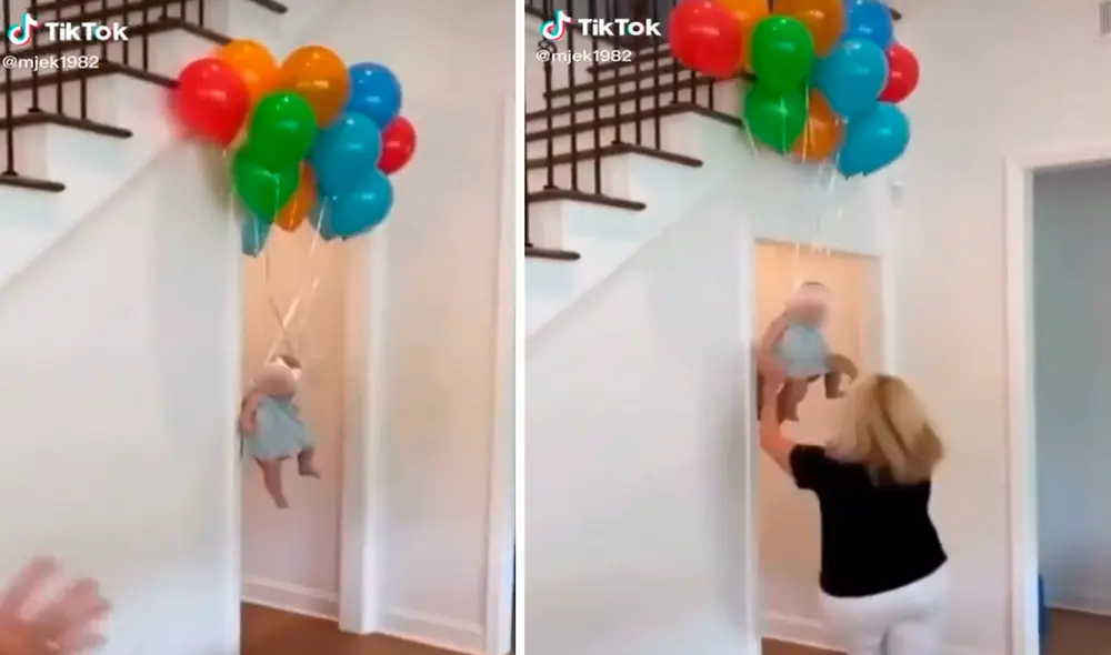 La bebé fue atada por su padre a globos inflados con helio para que se elevara hacia el techo. Foto: captura de TikTok