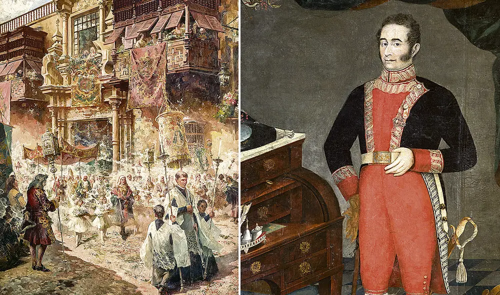 Procesión del Corpus Christi, 1910, y retrato de José Bernardo de Tagle y Portocarrero, 1828. Foto: composición/difusión