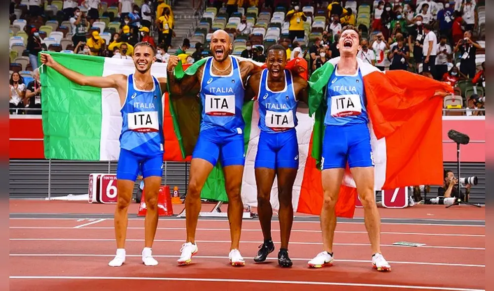 Italia venció a Gran Bretaña en la final de los relevos 4x100 metros masculino en Tokio 2020. Foto: AFP