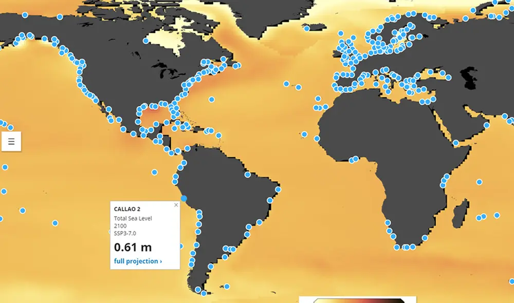 El mapa interactivo muestra las proyecciones de aumento del nivel del mar para cualquier parte del océano y costas de mundo. Imagen: NASA/IPCC