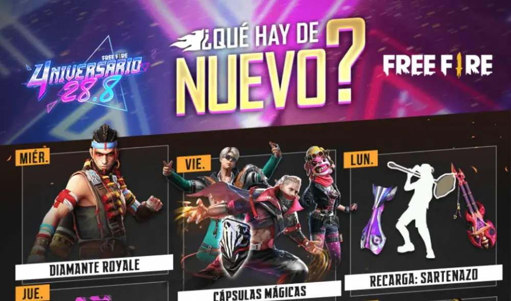 La agenda anticipa la celebración de aniversario de Free Fire, programada para el 28 de agosto. Foto: Garena La agenda anticipa la celebración de aniversario de Free Fire, programada para el 28 de agosto. Foto: Garena