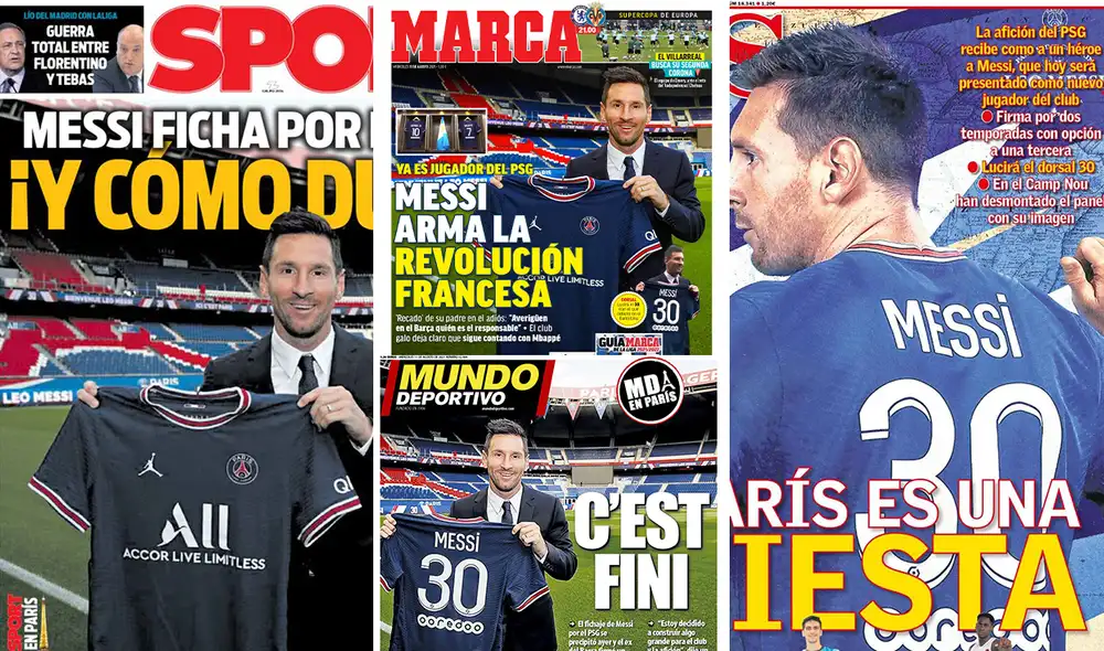 Presentación de Messi en el PSG colmó las portadas de los principales medios deportivos españoles. fotos: Sport, Marca, As y Mundo Deportivo.