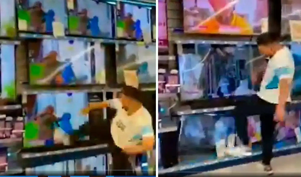 El youtuber Mohammed Henniun pateó las pantallas de los televisores que transmitían la llegada de Messi. Foto: captura de Youtube El youtuber Mohammed Henniun pateó las pantallas de los televisores que transmitían la llegada de Messi. Foto: captura de Youtube