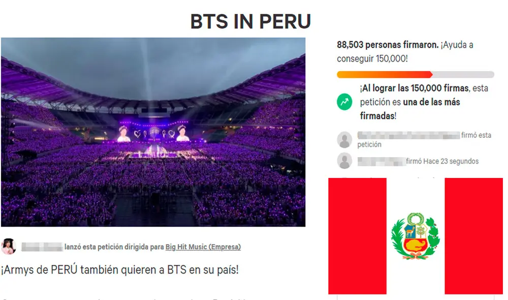 150.000 firmas para un concierto de BTS en Perú. Foto:  captura change.org