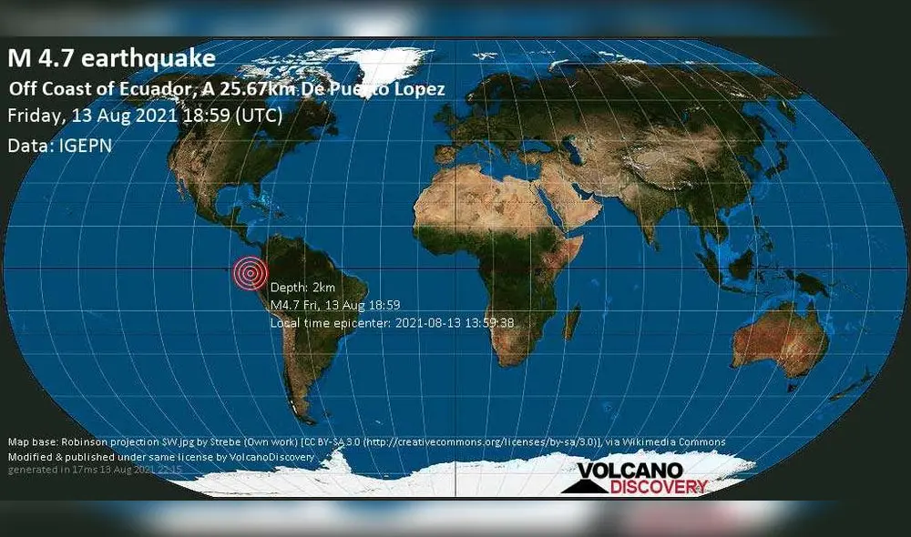 En el mismo minuto se registró sendo temblor a 22,74 kilómetros de la costa ecuatoriana. Foto: difusión En el mismo minuto se registró sendo temblor a 22,74 kilómetros de la costa ecuatoriana. Foto: difusión