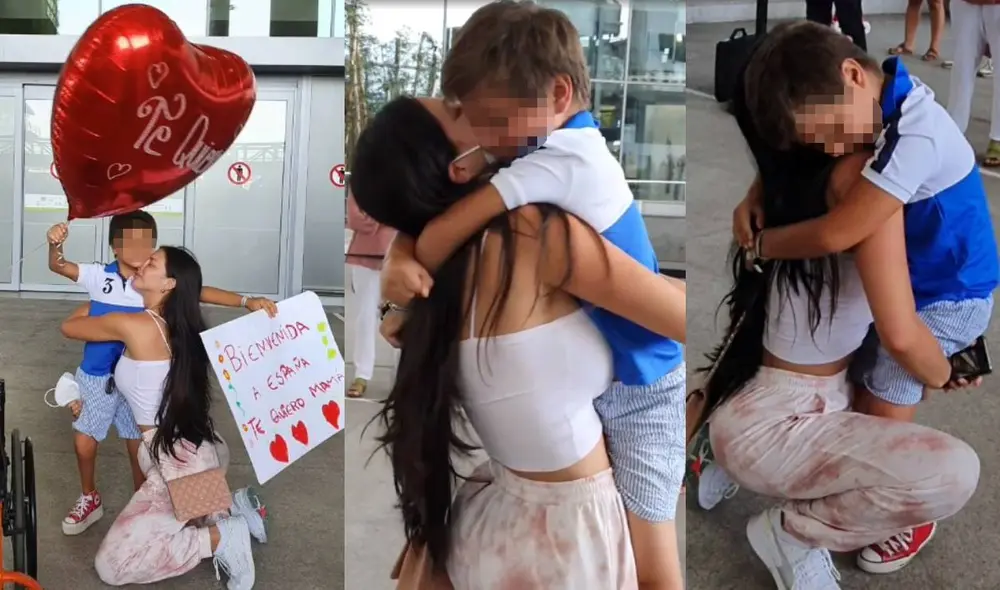 Sheyla Rojas abraza a su hijo Antoñito al salir del aeropuerto en España. Foto: Antonio Pavón/ Instagram