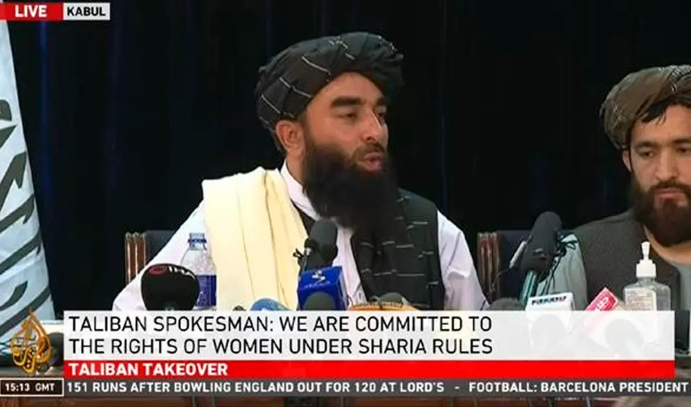 Zabihullah Mujahid, portavoz talibán, declarando en la primera rueda de prensa de su organización. Foto: captura de RTA Zabihullah Mujahid, portavoz talibán, declarando en la primera rueda de prensa de su organización. Foto: captura de RTA