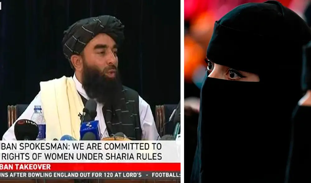 Zabihullah Mujahid, portavoz talibán, declarando en la primera rueda de prensa de su organización. Foto: composición LR / captura de RTA