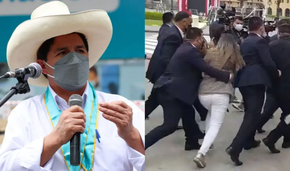 La reportera intentó acercarse a entrevistar a Castillo, pero los miembros de sus seguridad la apartaron. Foto: composición/La República