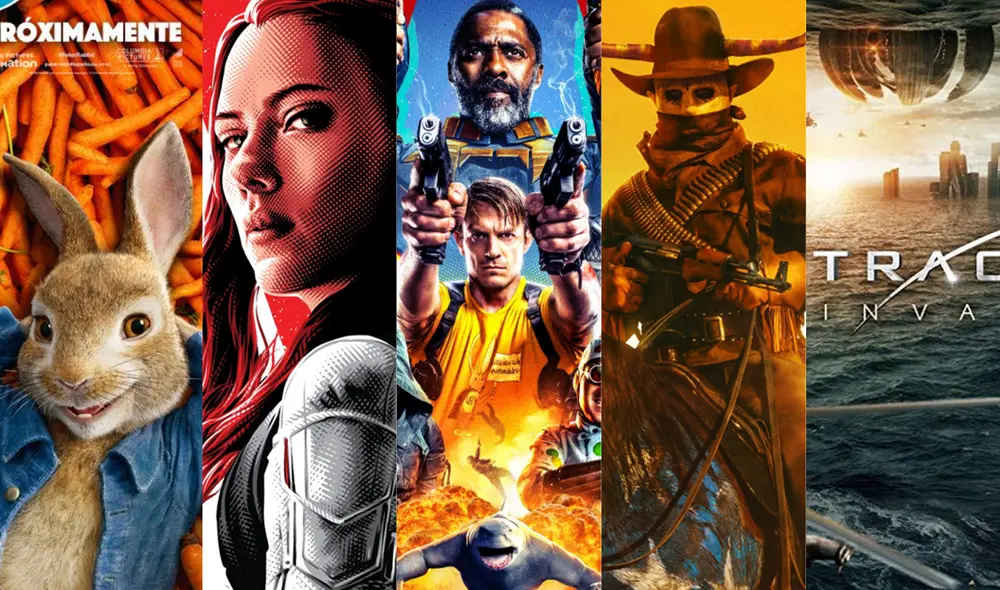 Seis nuevos estrenos llegan a las salas de cine este jueves 19 de agosto de 2021. Foto: composición/Facebook La Purga, BlackWidow, Petter Rabbit, The Suicide Squad