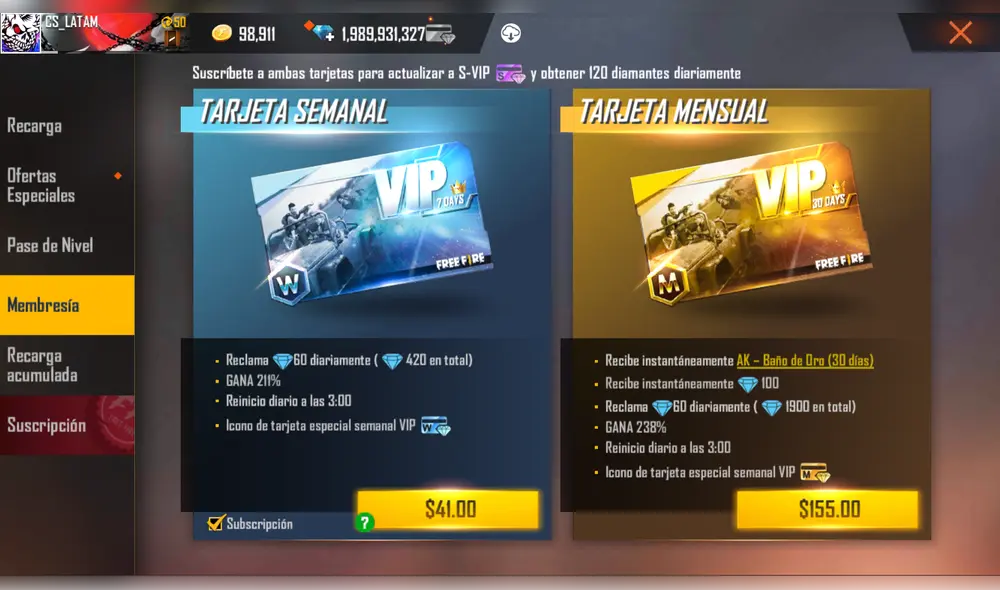 Free Fire cuenta con dos paquetes: mensual y semanal. Foto: Garena