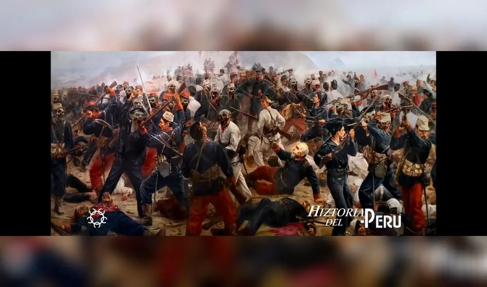 Imagen intervenida del cuadro de Lepiani: Francisco Bolognesi contra soldados zombis en Arica.