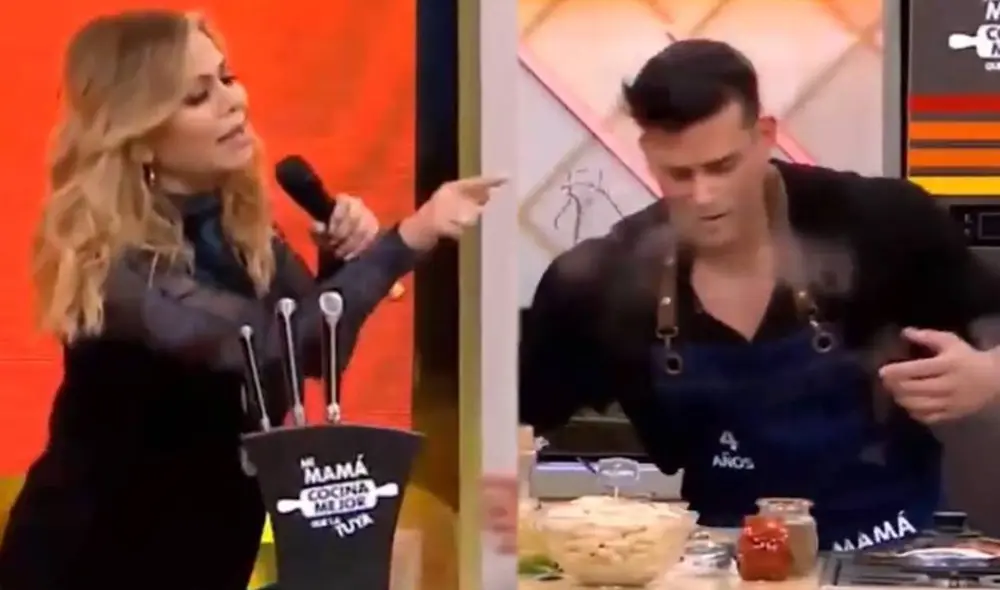 La conductora de televisión se mostró reacia a comer el platillo elaborado por Domínguez. Foto: captura América TV