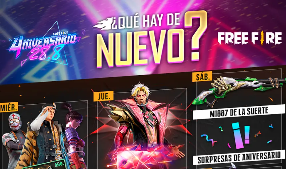Esta es la última agenda semanal de agosto para Free Fire. Conoce todo lo que llegará al juego por su cuarto aniversario. Foto: Garena Esta es la última agenda semanal de agosto para Free Fire. Conoce todo lo que llegará al juego por su cuarto aniversario. Foto: Garena