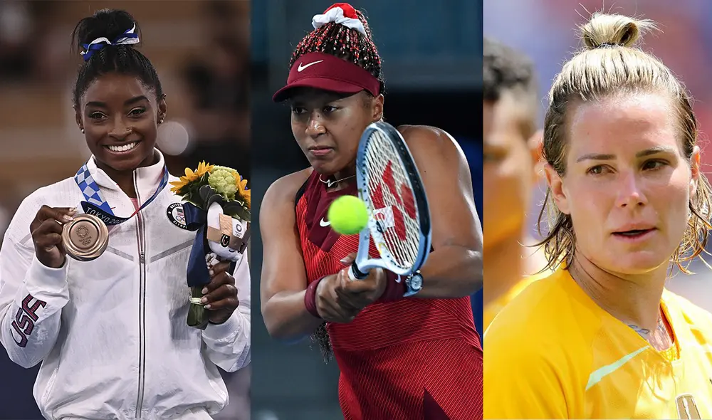 Simone Biles, Naomi Osaka y Ashlyn Harris, lideran el podio de los 50 deportistas más influyentes. Foto: composición LR / AFP Simone Biles, Naomi Osaka y Ashlyn Harris, lideran el podio de los 50 deportistas más influyentes. Foto: composición LR / AFP