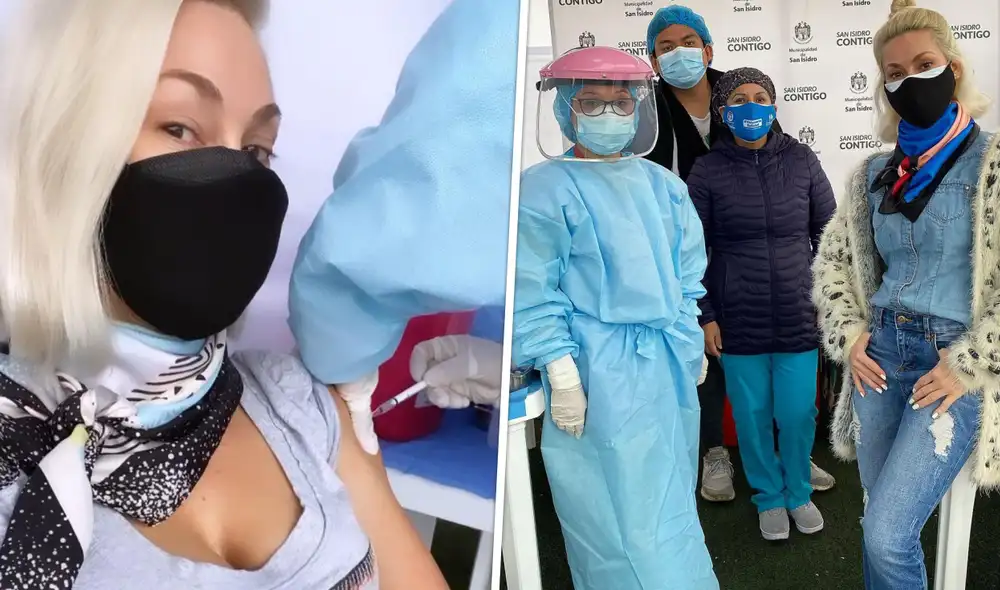 Belén Estévez junto al personal de salud que le aplicó la vacuna contra la COVID-19. Foto: composición/ Instagram Belén Estévez junto al personal de salud que le aplicó la vacuna contra la COVID-19. Foto: composición/ Instagram