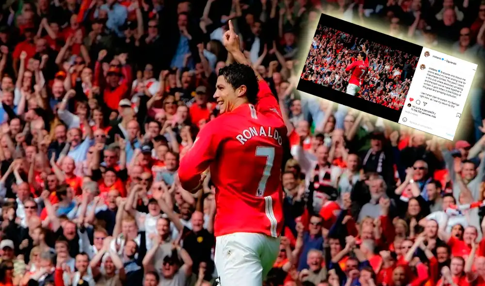 Publicación en redes sociales de Cristiano Ronaldo tras confirmarse su regreso al Manchester United. Foto: AFP/composición