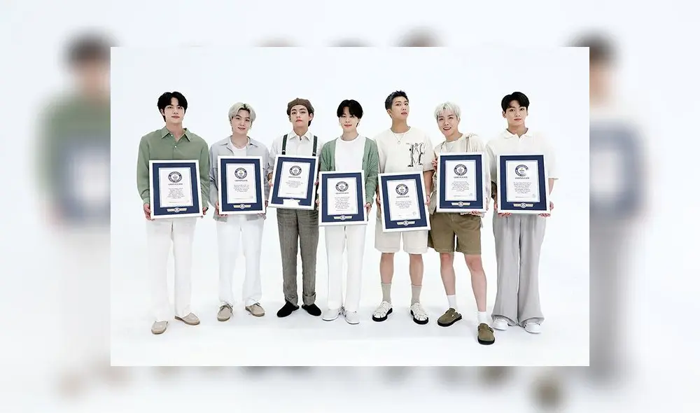 Integrantes de BTS sosteniendo título de los Guinness. Según el orden de mención: Jin, Suga, V, Jimin, RM, J-Hope y Jungkook. Foto: GWR Integrantes de BTS sosteniendo título de los Guinness. Según el orden de mención: Jin, Suga, V, Jimin, RM, J-Hope y Jungkook. Foto: GWR