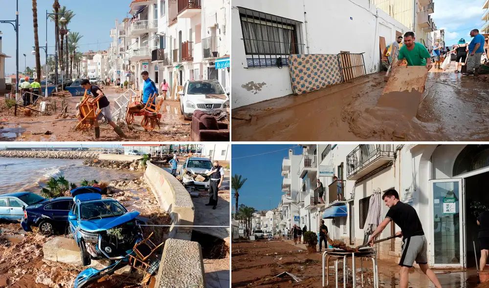 Horas de fuertes lluvias provocaron inundaciones en el este de España, con algunas zonas costeras abrumadas por inundaciones repentinas que arrasaron coches y árboles. Foto: EFE y AFP Horas de fuertes lluvias provocaron inundaciones en el este de España, con algunas zonas costeras abrumadas por inundaciones repentinas que arrasaron coches y árboles. Foto: EFE y AFP