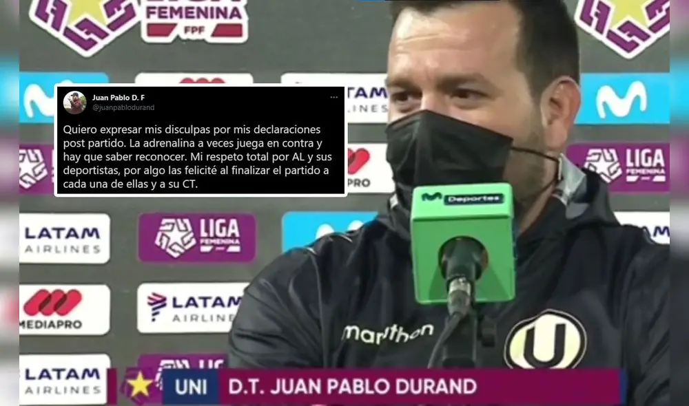 Juan Pablo Durand, entrenador de Universitario, se disculpó por Twitter. Foto: captura de Movistar Deportes