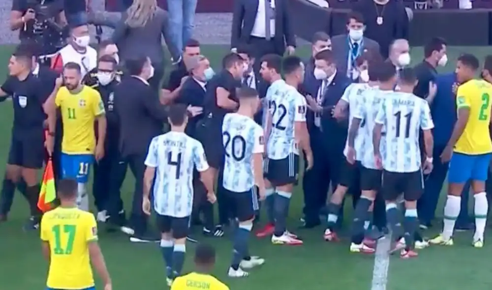 Trifulca en el Argentina vs Brasil por las Eliminatorias Qatar 2022. Foto: captura video