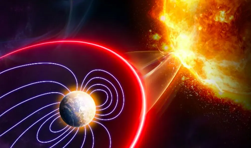Ilustración de una llamarada solar impactando el campo magnético de la Tierra. Imagen: Jing Liu
