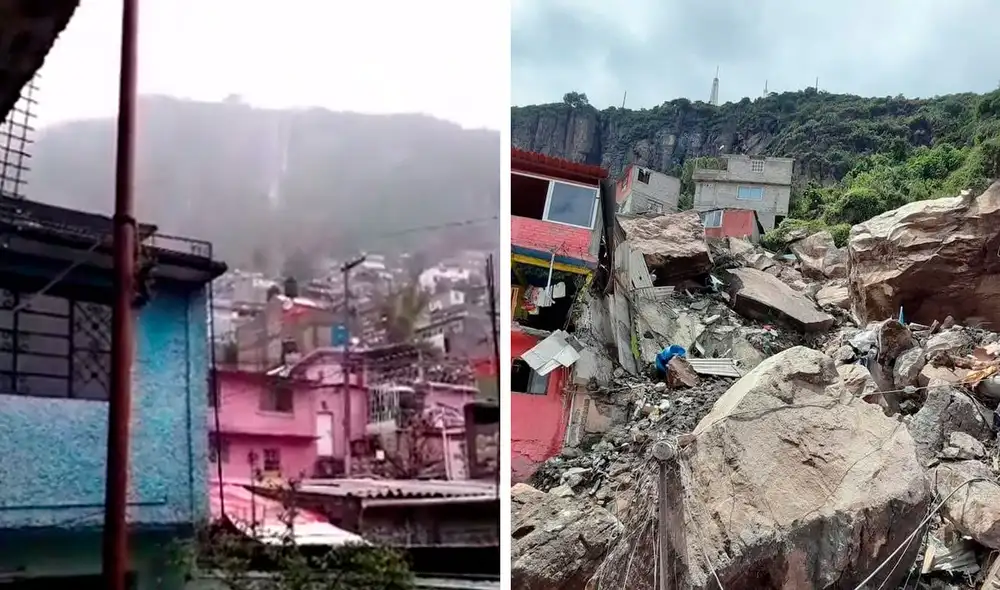 Las primeras imágenes del derrumbe muestran enormes rocas que han aplastado varios edificios y construcciones de la calle Club Exploradores de Chimalhuacán. Foto: captura de Twitter Las primeras imágenes del derrumbe muestran enormes rocas que han aplastado varios edificios y construcciones de la calle Club Exploradores de Chimalhuacán. Foto: captura de Twitter