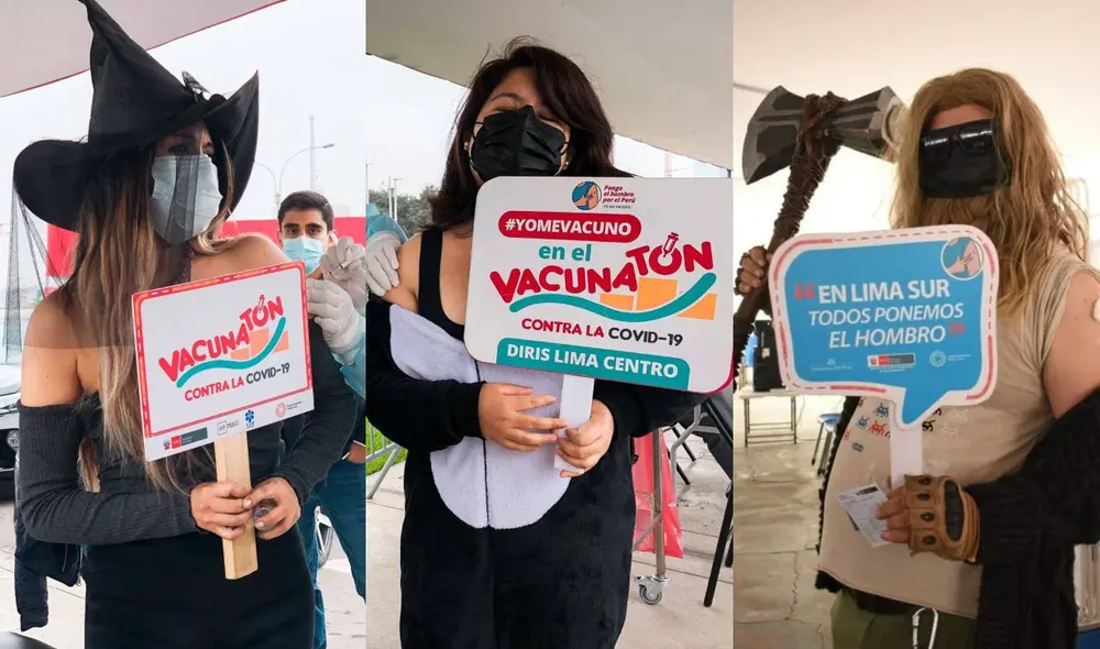Jóvenes de 27 años ya acuden a los centros de vacunación con su mejor disfraz. Foto: Minsa. Jóvenes de 27 años ya acuden a los centros de vacunación con su mejor disfraz. Foto: Minsa.