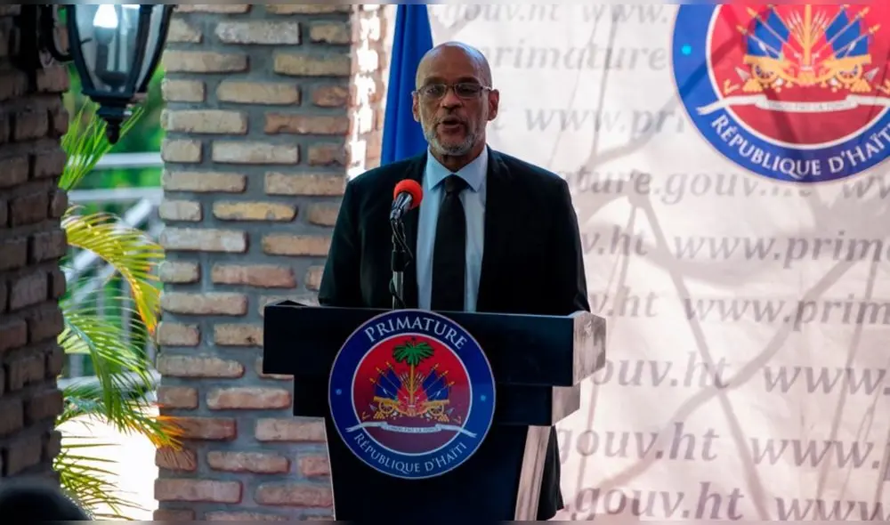 El primer ministro de Haití, Ariel Henry, durante el acto de firma de un acuerdo político con los principales partidos de la oposición, en Puerto Príncipe, Haití. Foto: EFE