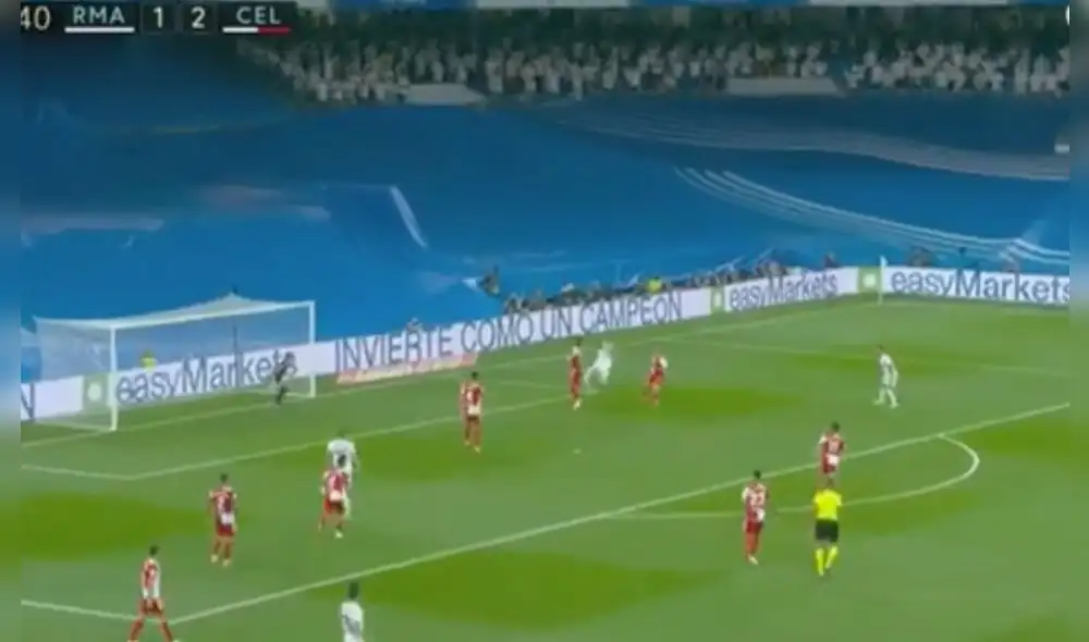 Karim Benzema marcó su doblete ante el Celta en el reestreno del Santiago Bernabeu. Foto: captura Movistar Deportes