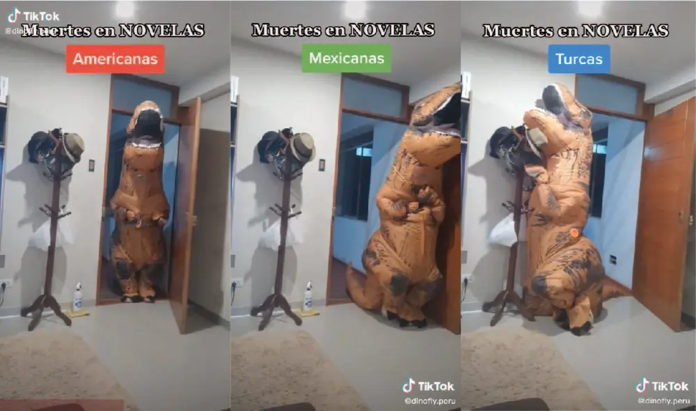 Dramáticas escenas representadas por una persona vestida de dinosaurio causa sensación. Foto: captura de TikTok Dramáticas escenas representadas por una persona vestida de dinosaurio causa sensación. Foto: captura de TikTok