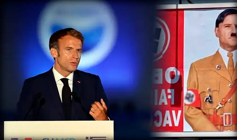 Flori enfocó uno de sus paneles para caricaturizar al presidente Macron de Francia comparándolo con Hitler. Foto: composición/EFE