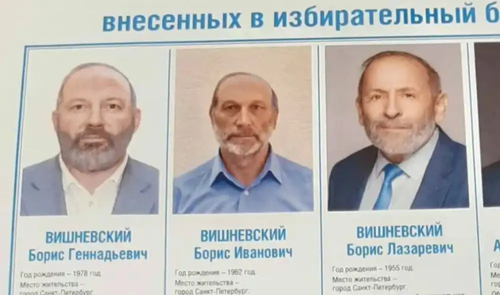 El cartel electoral para las elecciones regionales rusas con la imagen de los tres 'Boris Vishnevsky'. Foto: The Guardian