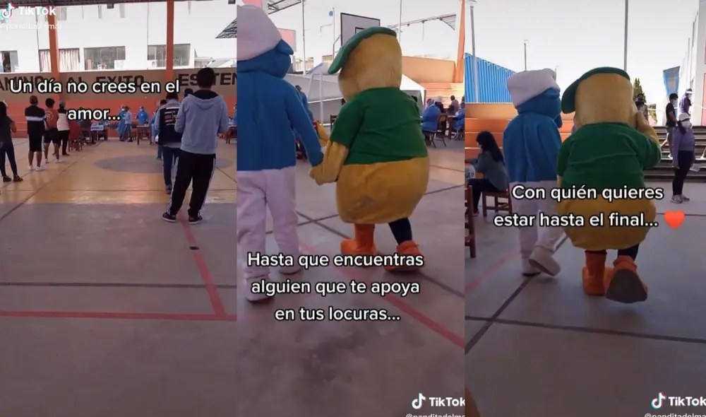 Los jóvenes, oriundos de Moquegua, fueron vestidos con trajes de Pitufo y Pollo Pio’s Chicken. Foto: captura de TikTok