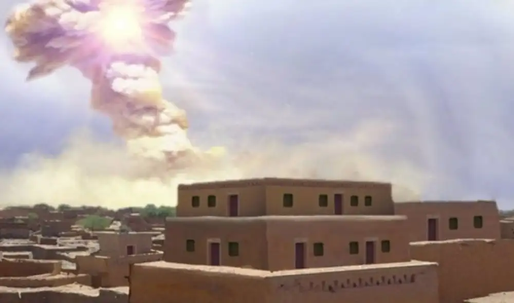 Recreación del impacto que acabó con la antigua Tall el-Hammam. Imagen: Universidad de California, Santa Bárbara