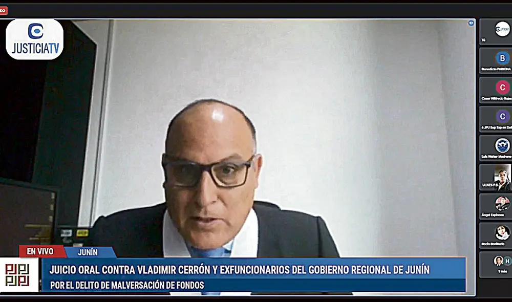 Huancayo. Vladimir Cerrón en juicio por malversación. Foto: captura Justicia TV Huancayo. Vladimir Cerrón en juicio por malversación. Foto: captura Justicia TV